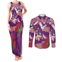 Hawaiian and Japanese Culture Together Couples Matching Tank Maxi Dress and Long Sleeve Button Shirt Purple Ohia Lehua Plumeria and Sakura Blooming LT03 Purple - Polynesian Pride