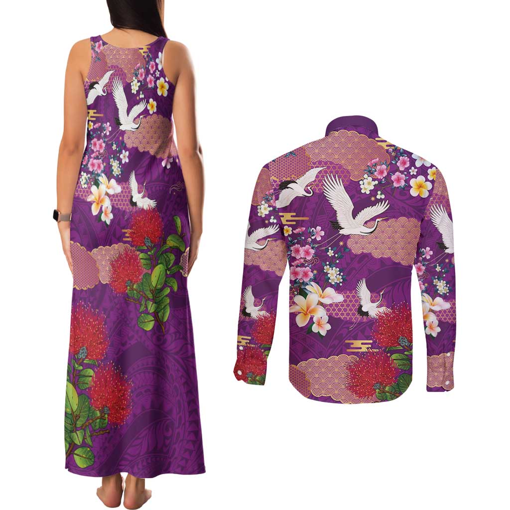 Hawaiian and Japanese Culture Together Couples Matching Tank Maxi Dress and Long Sleeve Button Shirt Purple Ohia Lehua Plumeria and Sakura Blooming LT03 - Polynesian Pride