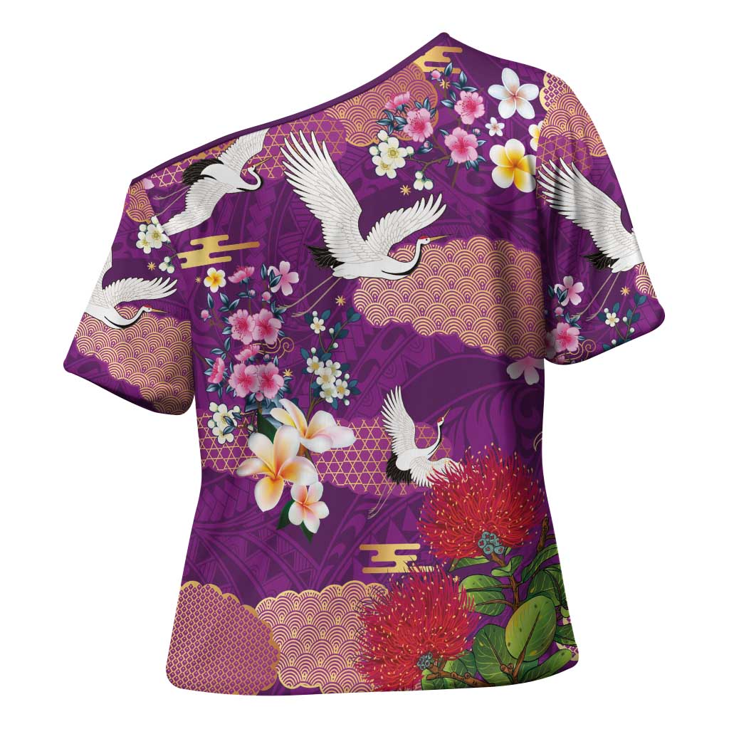 Hawaiian and Japanese Culture Together Cross Shoulder Shirt Purple Ohia Lehua Plumeria and Sakura Blooming LT03 - Polynesian Pride