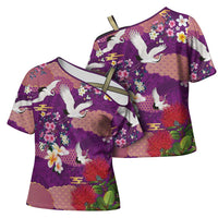 Hawaiian and Japanese Culture Together Cross Shoulder Shirt Purple Ohia Lehua Plumeria and Sakura Blooming LT03 - Polynesian Pride