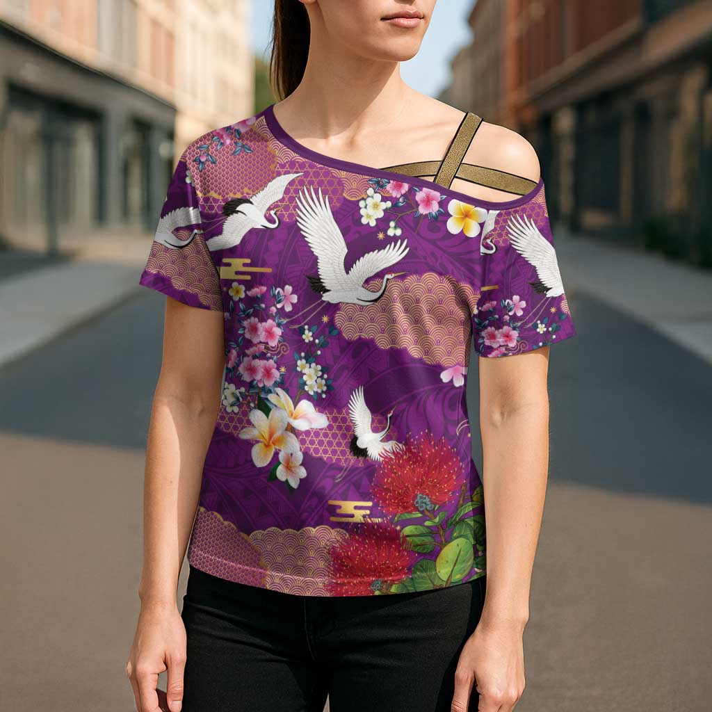 Hawaiian and Japanese Culture Together Cross Shoulder Shirt Purple Ohia Lehua Plumeria and Sakura Blooming LT03 - Polynesian Pride