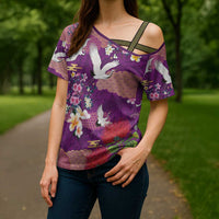 Hawaiian and Japanese Culture Together Cross Shoulder Shirt Purple Ohia Lehua Plumeria and Sakura Blooming LT03 - Polynesian Pride