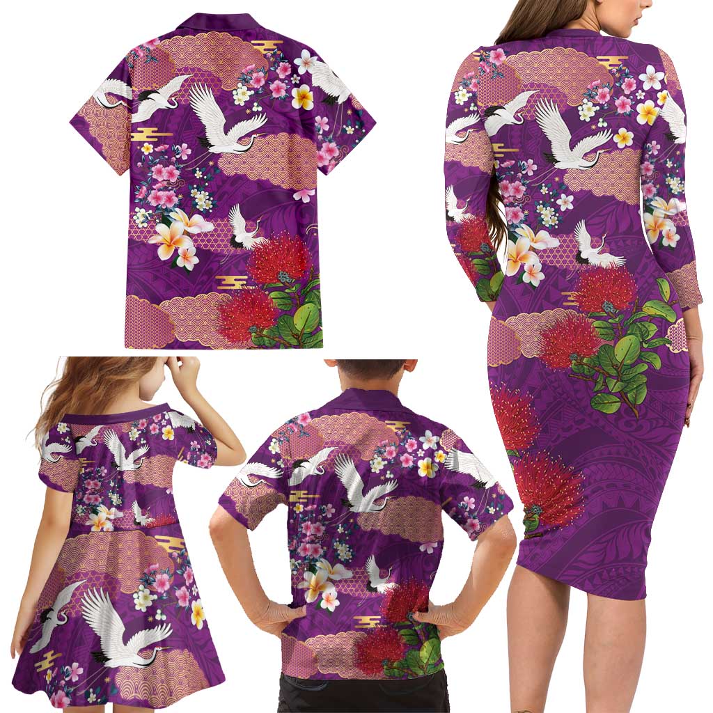 Hawaiian and Japanese Culture Together Family Matching Long Sleeve Bodycon Dress and Hawaiian Shirt Purple Ohia Lehua Plumeria and Sakura Blooming LT03 - Polynesian Pride