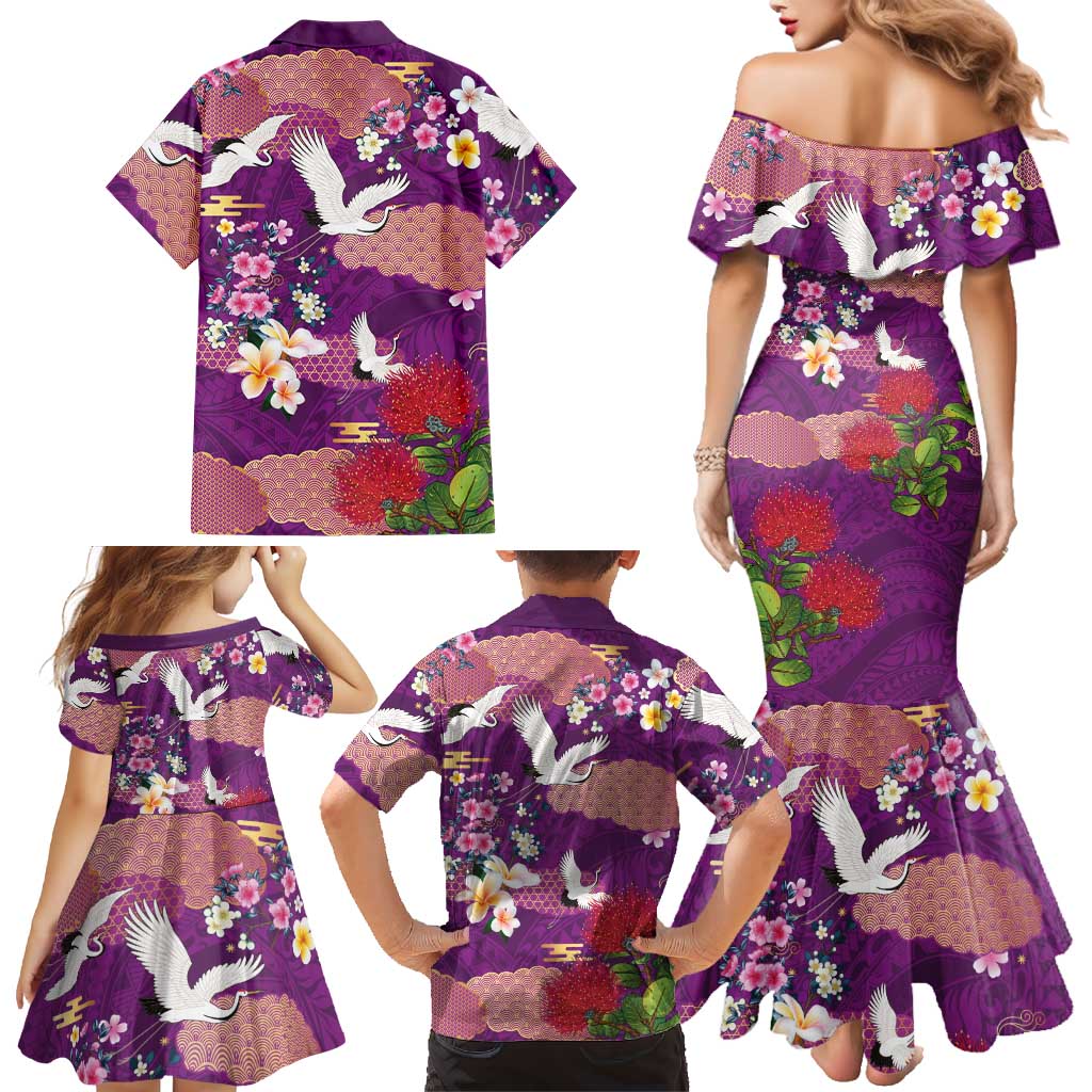 Hawaiian and Japanese Culture Together Family Matching Mermaid Dress and Hawaiian Shirt Purple Ohia Lehua Plumeria and Sakura Blooming LT03 - Polynesian Pride