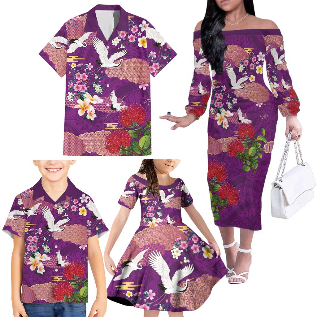 Hawaiian and Japanese Culture Together Family Matching Off The Shoulder Long Sleeve Dress and Hawaiian Shirt Purple Ohia Lehua Plumeria and Sakura Blooming LT03 - Polynesian Pride