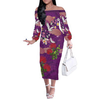 Hawaiian and Japanese Culture Together Family Matching Off The Shoulder Long Sleeve Dress and Hawaiian Shirt Purple Ohia Lehua Plumeria and Sakura Blooming LT03 Mom's Dress Purple - Polynesian Pride