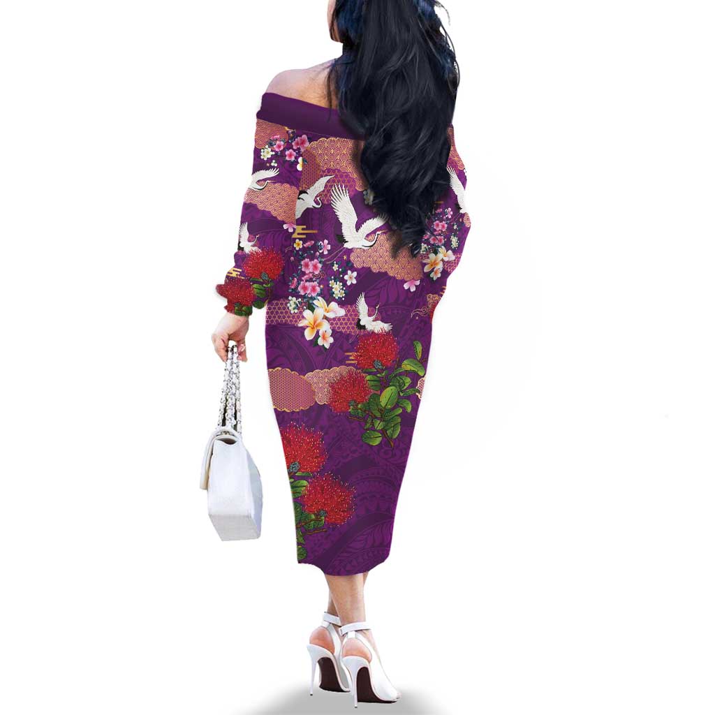 Hawaiian and Japanese Culture Together Family Matching Off The Shoulder Long Sleeve Dress and Hawaiian Shirt Purple Ohia Lehua Plumeria and Sakura Blooming LT03 - Polynesian Pride