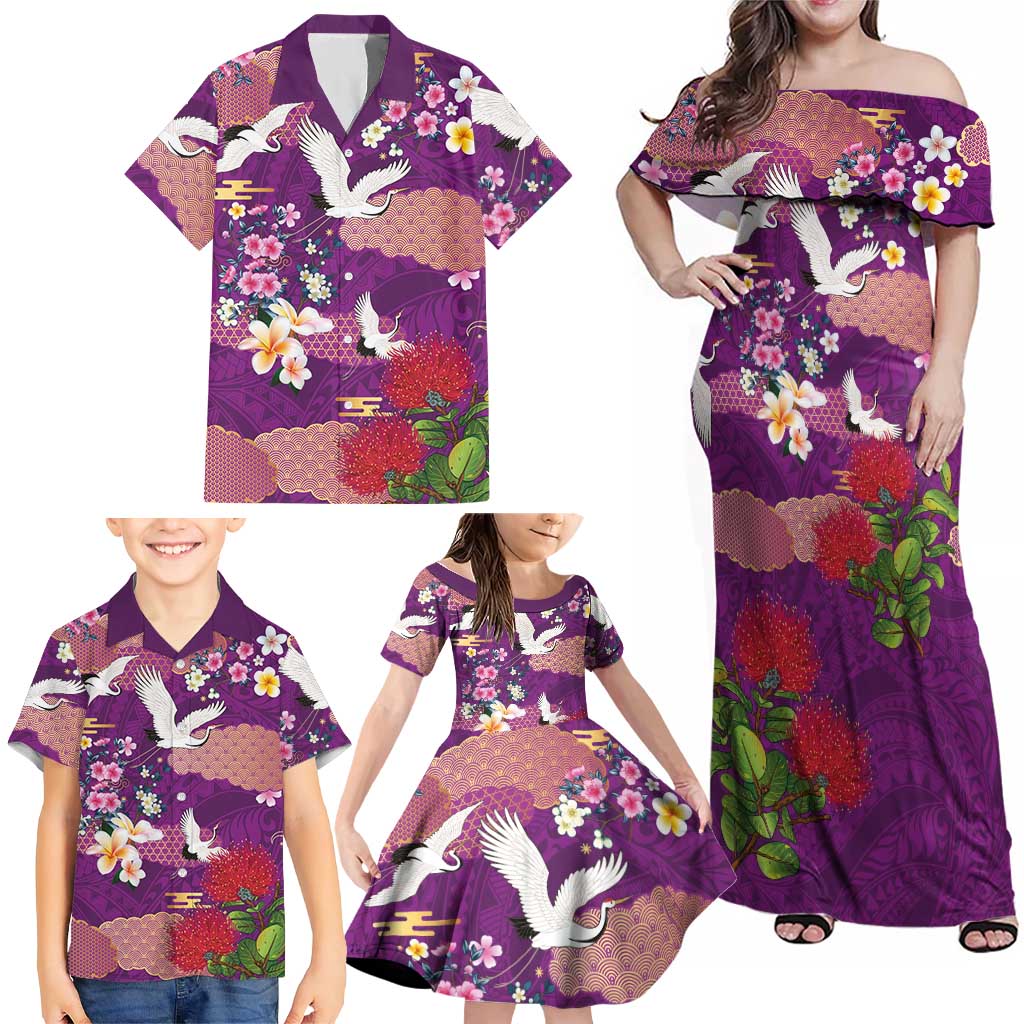 Hawaiian and Japanese Culture Together Family Matching Off Shoulder Maxi Dress and Hawaiian Shirt Purple Ohia Lehua Plumeria and Sakura Blooming - Polynesian Pride