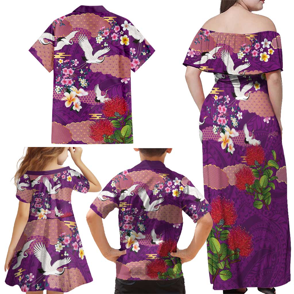 Hawaiian and Japanese Culture Together Family Matching Off Shoulder Maxi Dress and Hawaiian Shirt Purple Ohia Lehua Plumeria and Sakura Blooming LT03 - Polynesian Pride