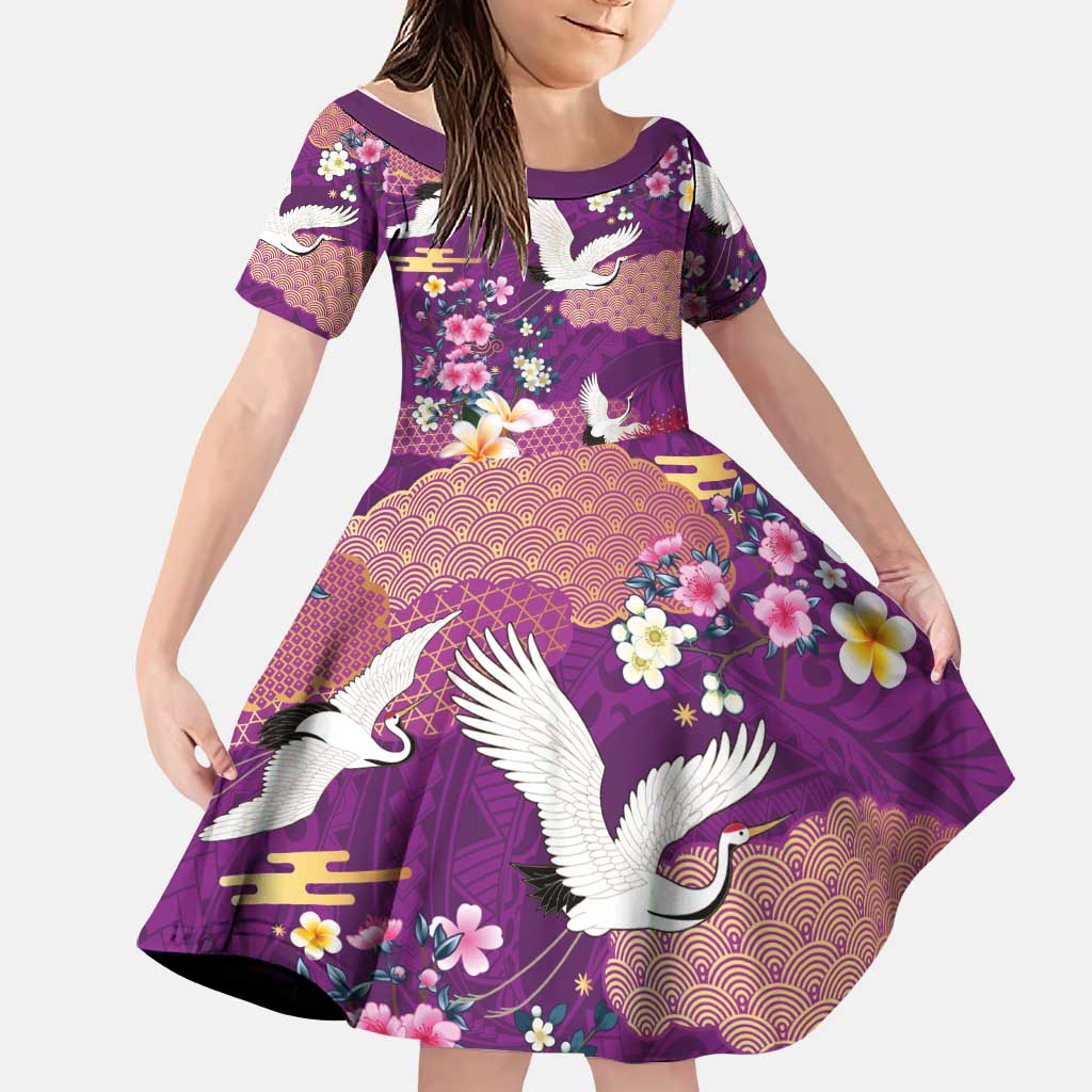 Hawaiian and Japanese Culture Together Family Matching Off Shoulder Short Dress and Hawaiian Shirt Purple Ohia Lehua Plumeria and Sakura Blooming LT03 Daughter's Dress Purple - Polynesian Pride