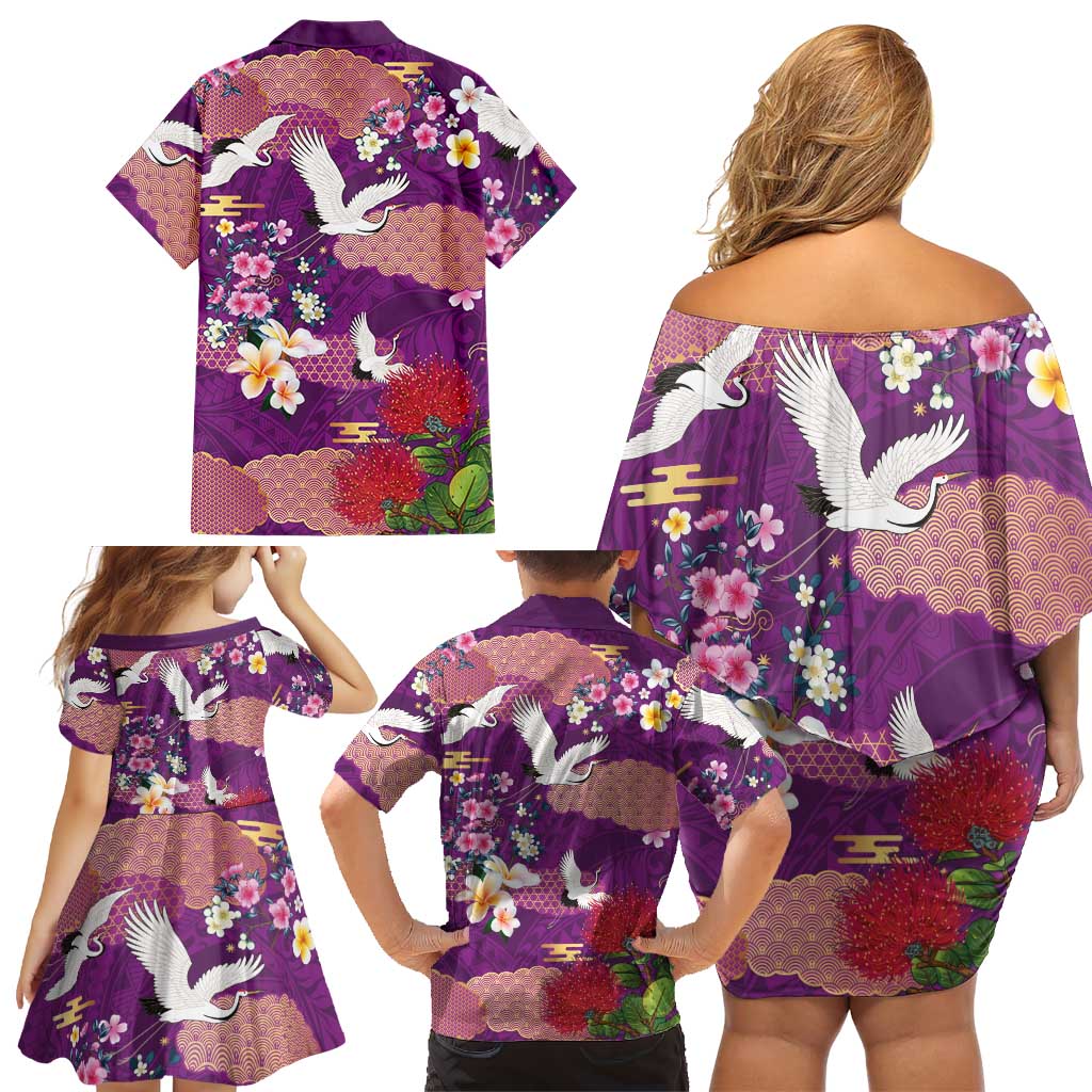 Hawaiian and Japanese Culture Together Family Matching Off Shoulder Short Dress and Hawaiian Shirt Purple Ohia Lehua Plumeria and Sakura Blooming LT03 - Polynesian Pride