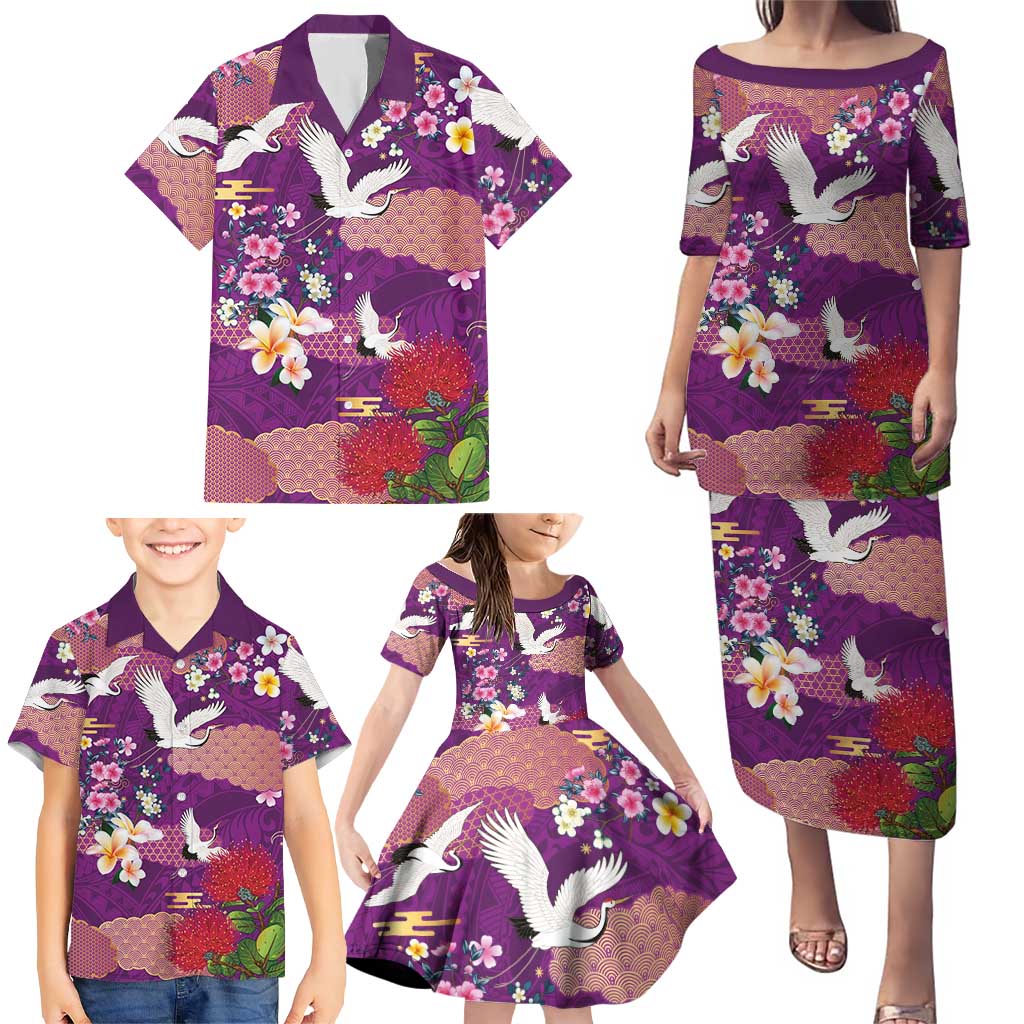 Hawaiian and Japanese Culture Together Family Matching Puletasi and Hawaiian Shirt Purple Ohia Lehua Plumeria and Sakura Blooming LT03 - Polynesian Pride