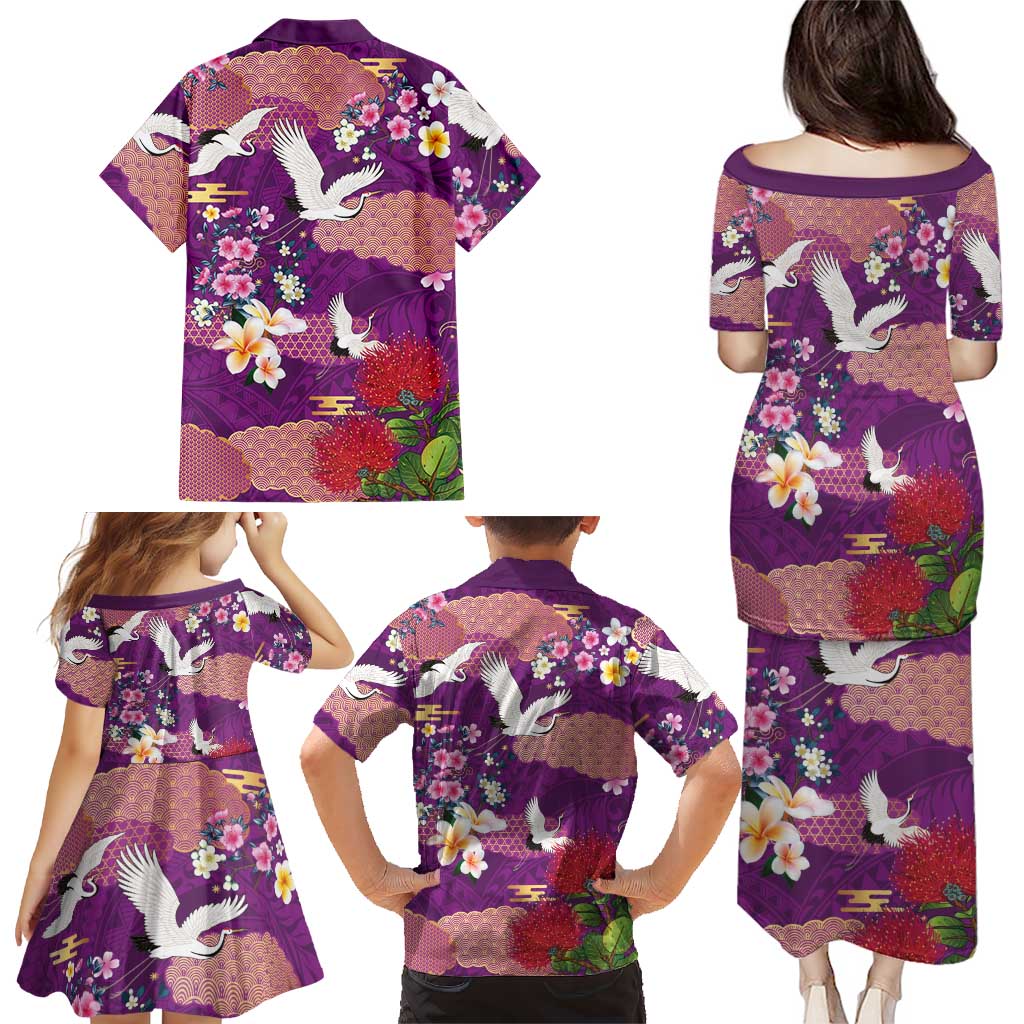 Hawaiian and Japanese Culture Together Family Matching Puletasi and Hawaiian Shirt Purple Ohia Lehua Plumeria and Sakura Blooming LT03 - Polynesian Pride
