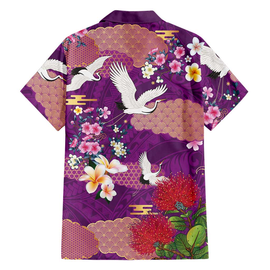 Hawaiian and Japanese Culture Together Family Matching Puletasi and Hawaiian Shirt Purple Ohia Lehua Plumeria and Sakura Blooming LT03 - Polynesian Pride