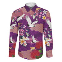 Hawaiian and Japanese Culture Together Family Matching Puletasi and Hawaiian Shirt Purple Ohia Lehua Plumeria and Sakura Blooming LT03 Dad's Shirt - Long Sleeve Purple - Polynesian Pride