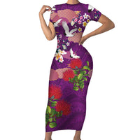 Hawaiian and Japanese Culture Together Family Matching Short Sleeve Bodycon Dress and Hawaiian Shirt Purple Ohia Lehua Plumeria and Sakura Blooming LT03 Mom's Dress Purple - Polynesian Pride