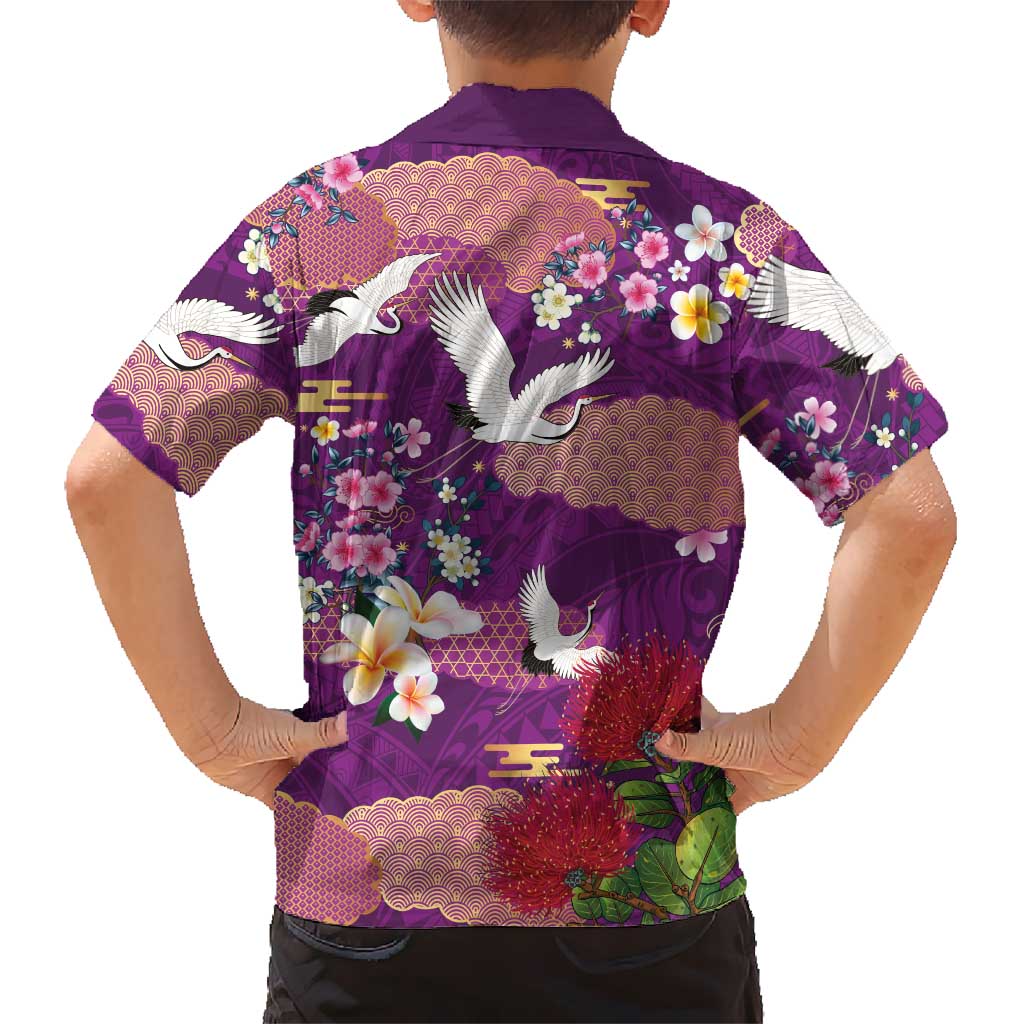Hawaiian and Japanese Culture Together Family Matching Summer Maxi Dress and Hawaiian Shirt Purple Ohia Lehua Plumeria and Sakura Blooming LT03 - Polynesian Pride