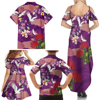 Hawaiian and Japanese Culture Together Family Matching Summer Maxi Dress and Hawaiian Shirt Purple Ohia Lehua Plumeria and Sakura Blooming LT03 - Polynesian Pride