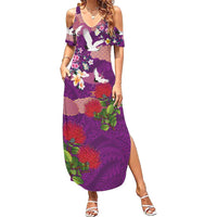 Hawaiian and Japanese Culture Together Family Matching Summer Maxi Dress and Hawaiian Shirt Purple Ohia Lehua Plumeria and Sakura Blooming LT03 Mom's Dress Purple - Polynesian Pride