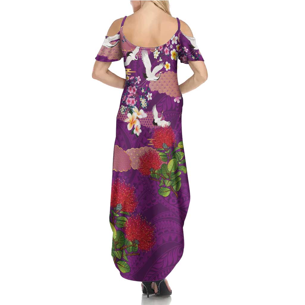 Hawaiian and Japanese Culture Together Family Matching Summer Maxi Dress and Hawaiian Shirt Purple Ohia Lehua Plumeria and Sakura Blooming LT03 - Polynesian Pride