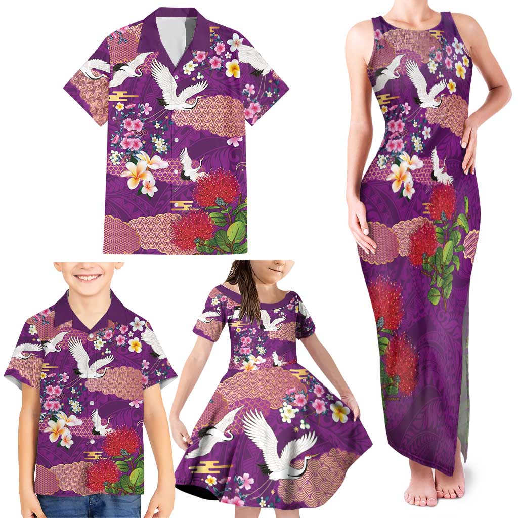Hawaiian and Japanese Culture Together Family Matching Tank Maxi Dress and Hawaiian Shirt Purple Ohia Lehua Plumeria and Sakura Blooming - Polynesian Pride