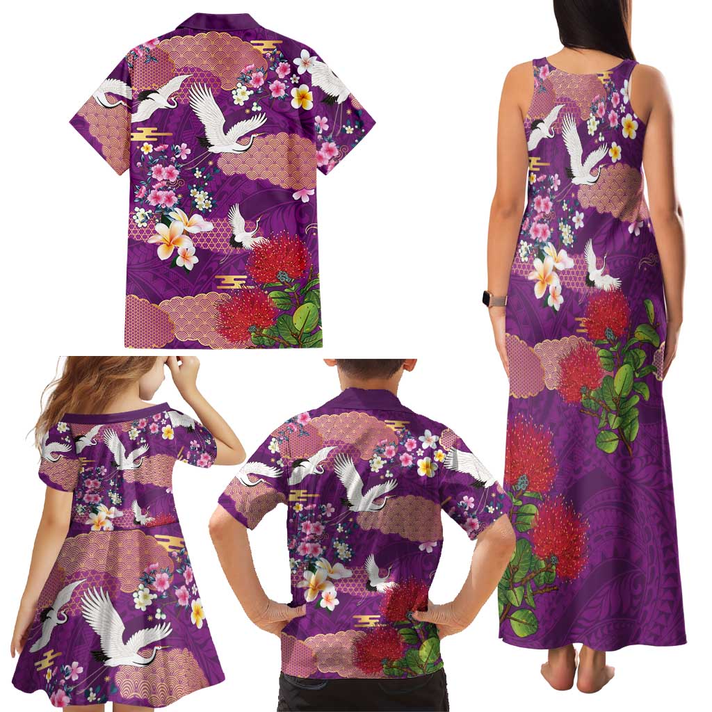 Hawaiian and Japanese Culture Together Family Matching Tank Maxi Dress and Hawaiian Shirt Purple Ohia Lehua Plumeria and Sakura Blooming LT03 - Polynesian Pride