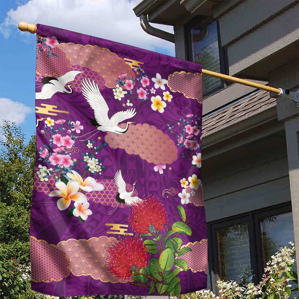 Hawaiian and Japanese Culture Together Garden Flag Purple Ohia Lehua Plumeria and Sakura Blooming LT03 - Polynesian Pride