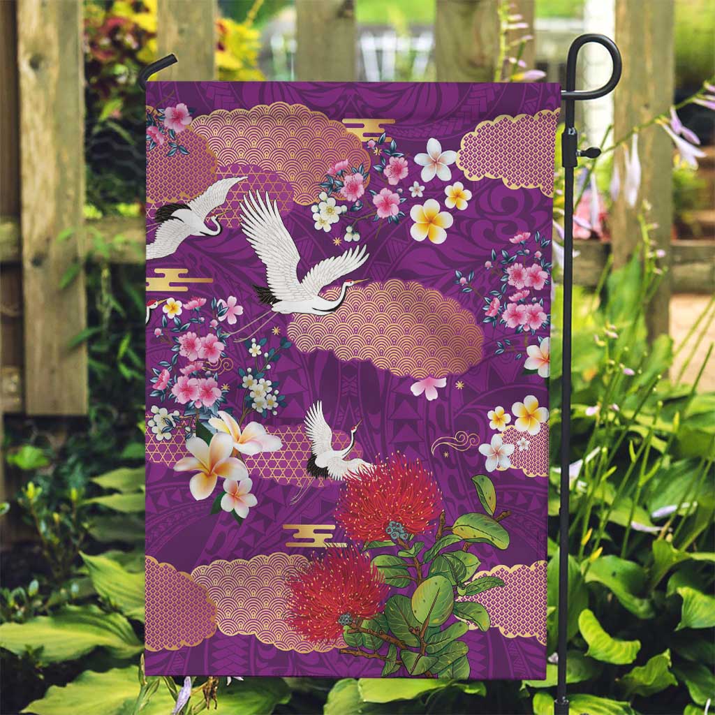 Hawaiian and Japanese Culture Together Garden Flag Purple Ohia Lehua Plumeria and Sakura Blooming LT03 Garden Flag Purple - Polynesian Pride