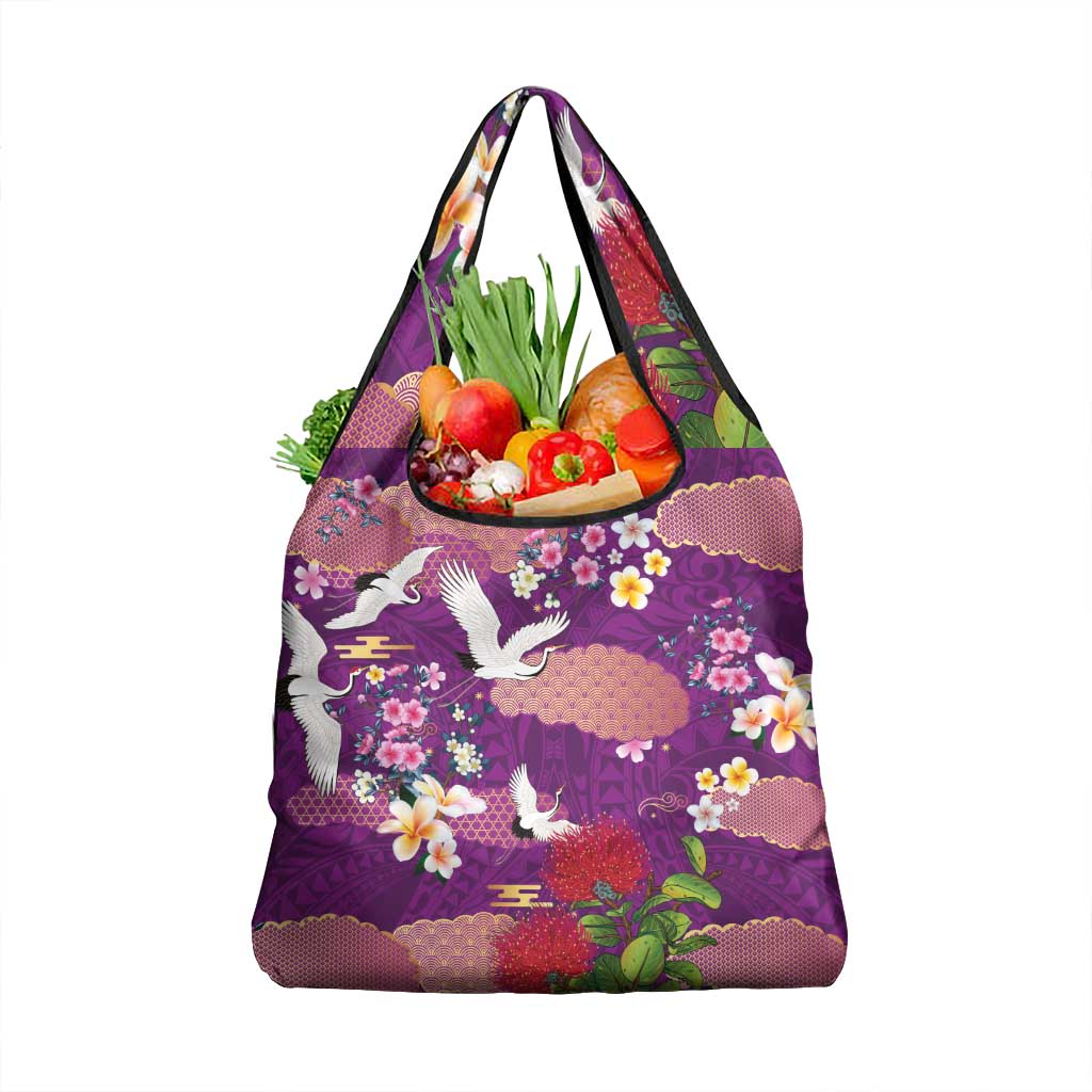 Hawaiian and Japanese Culture Together Grocery Bag Purple Ohia Lehua Plumeria and Sakura Blooming LT03 1-pack One Size Purple - Polynesian Pride