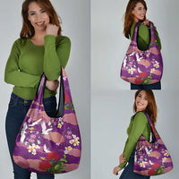 Hawaiian and Japanese Culture Together Grocery Bag Purple Ohia Lehua Plumeria and Sakura Blooming LT03 - Polynesian Pride