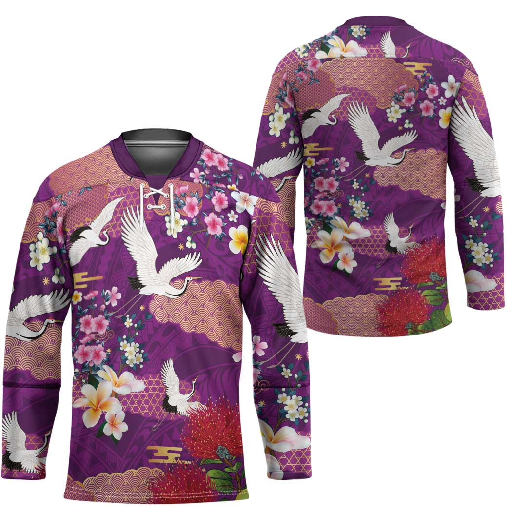 Hawaiian and Japanese Culture Together Hockey Jersey Purple Ohia Lehua Plumeria and Sakura Blooming LT03 - Polynesian Pride