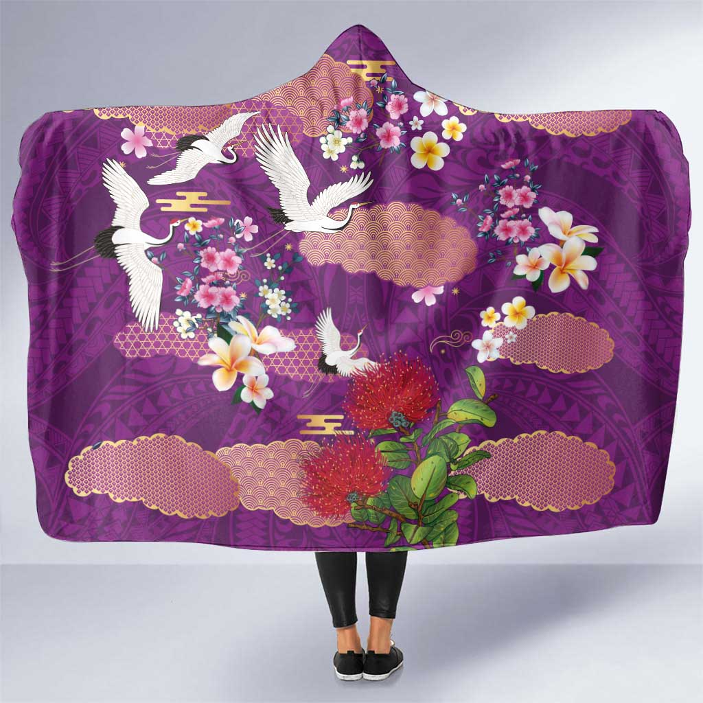 Hawaiian and Japanese Culture Together Hooded Blanket Purple Ohia Lehua Plumeria and Sakura Blooming LT03 One Size Purple - Polynesian Pride