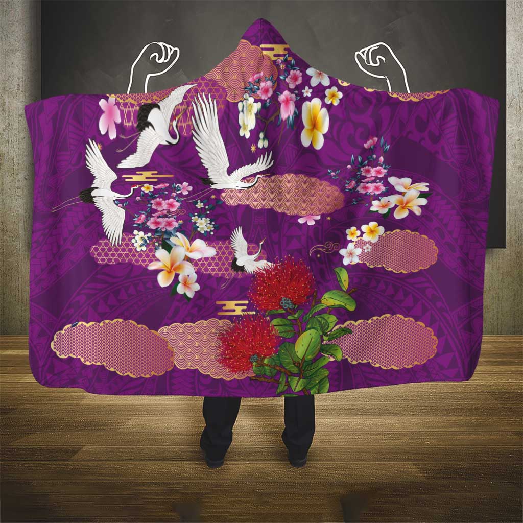 Hawaiian and Japanese Culture Together Hooded Blanket Purple Ohia Lehua Plumeria and Sakura Blooming LT03 - Polynesian Pride
