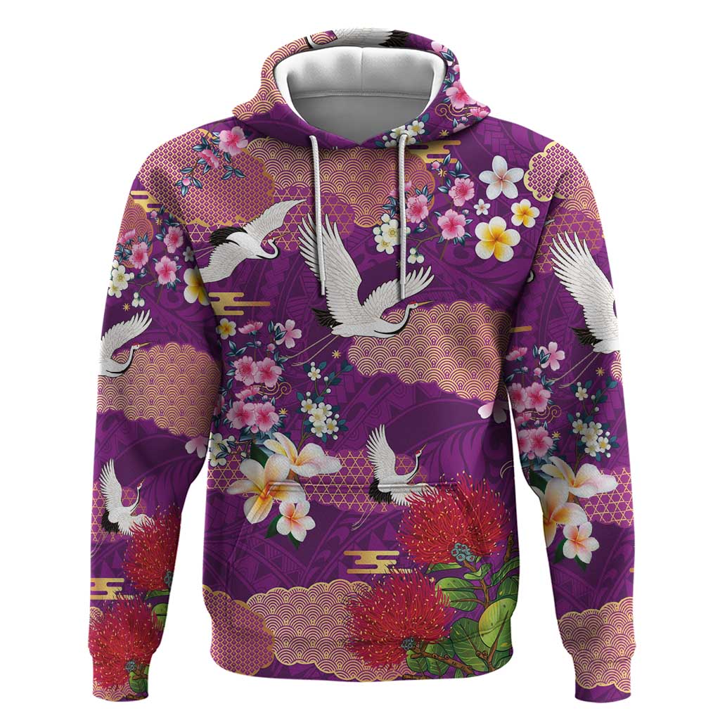 Hawaiian and Japanese Culture Together Hoodie Purple Ohia Lehua Plumeria and Sakura Blooming LT03 Pullover Hoodie Purple - Polynesian Pride