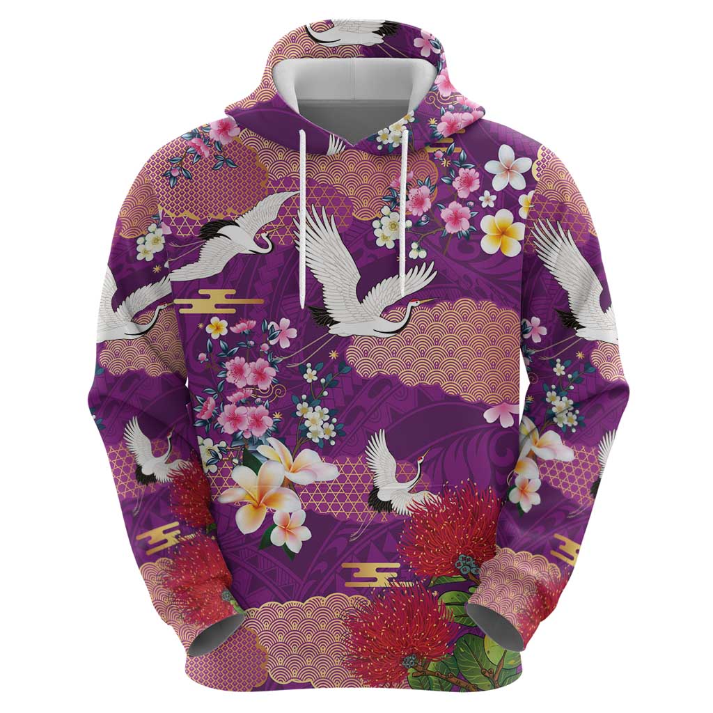 Hawaiian and Japanese Culture Together Hoodie Purple Ohia Lehua Plumeria and Sakura Blooming LT03 - Polynesian Pride