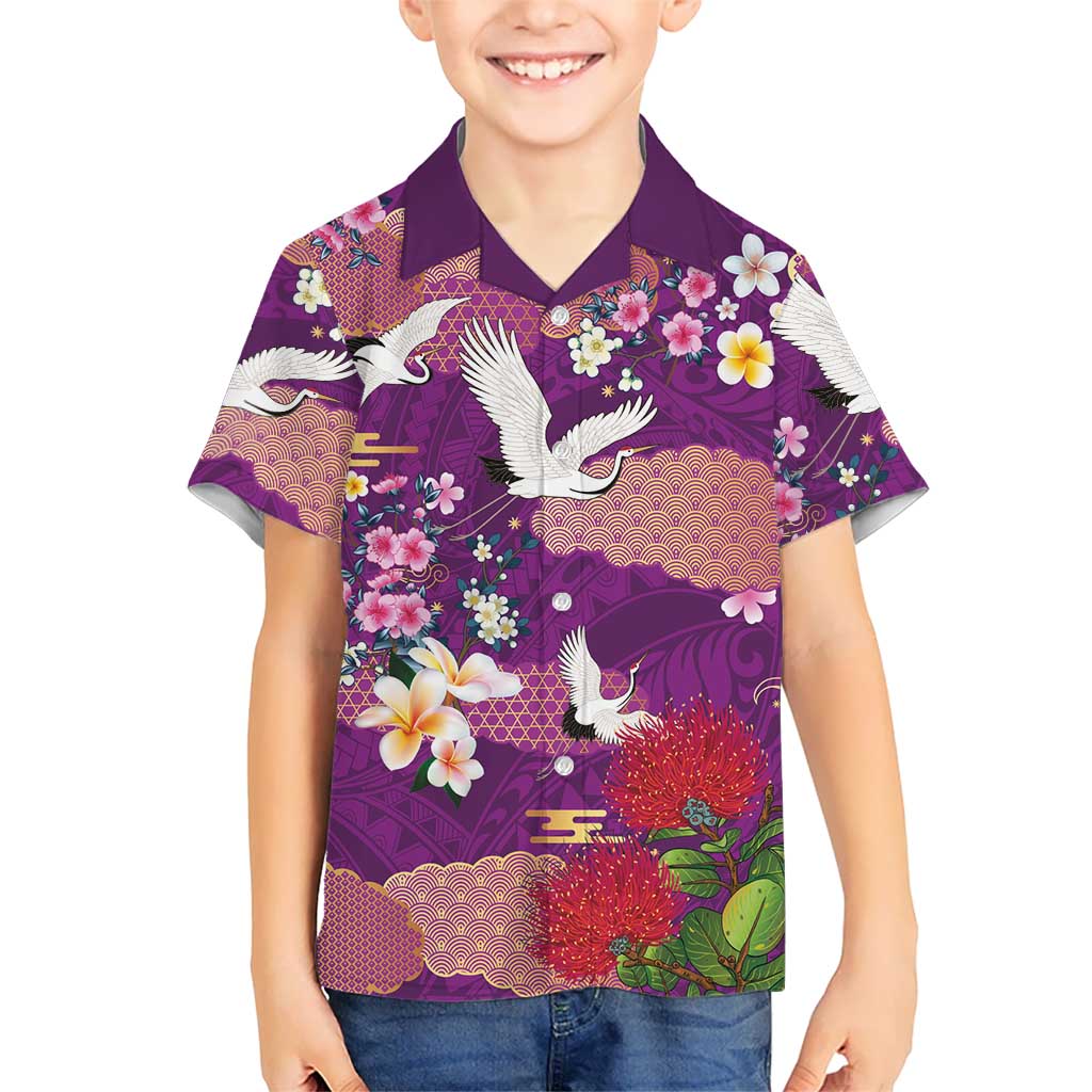 Hawaiian and Japanese Culture Together Kid Hawaiian Shirt Purple Ohia Lehua Plumeria and Sakura Blooming LT03 Kid Purple - Polynesian Pride