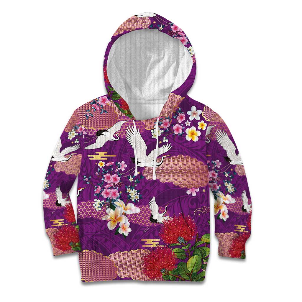 Hawaiian and Japanese Culture Together Kid Hoodie Purple Ohia Lehua Plumeria and Sakura Blooming - Polynesian Pride