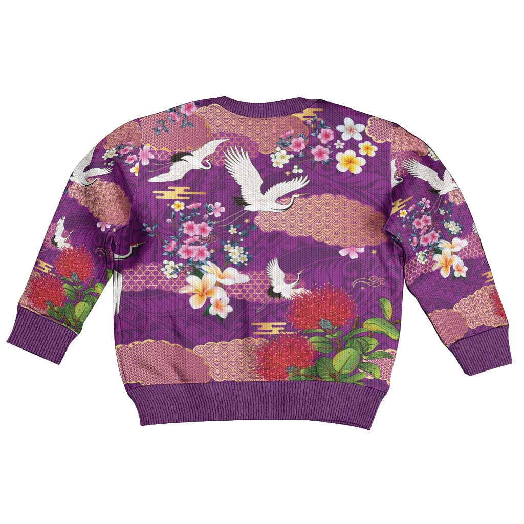 Hawaiian and Japanese Culture Together Kid Ugly Christmas Sweater Purple Ohia Lehua Plumeria and Sakura Blooming LT03 - Polynesian Pride