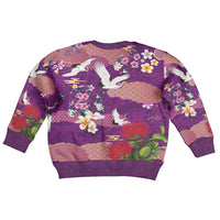 Hawaiian and Japanese Culture Together Kid Ugly Christmas Sweater Purple Ohia Lehua Plumeria and Sakura Blooming LT03 - Polynesian Pride