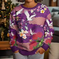 Hawaiian and Japanese Culture Together Kid Ugly Christmas Sweater Purple Ohia Lehua Plumeria and Sakura Blooming LT03 - Polynesian Pride
