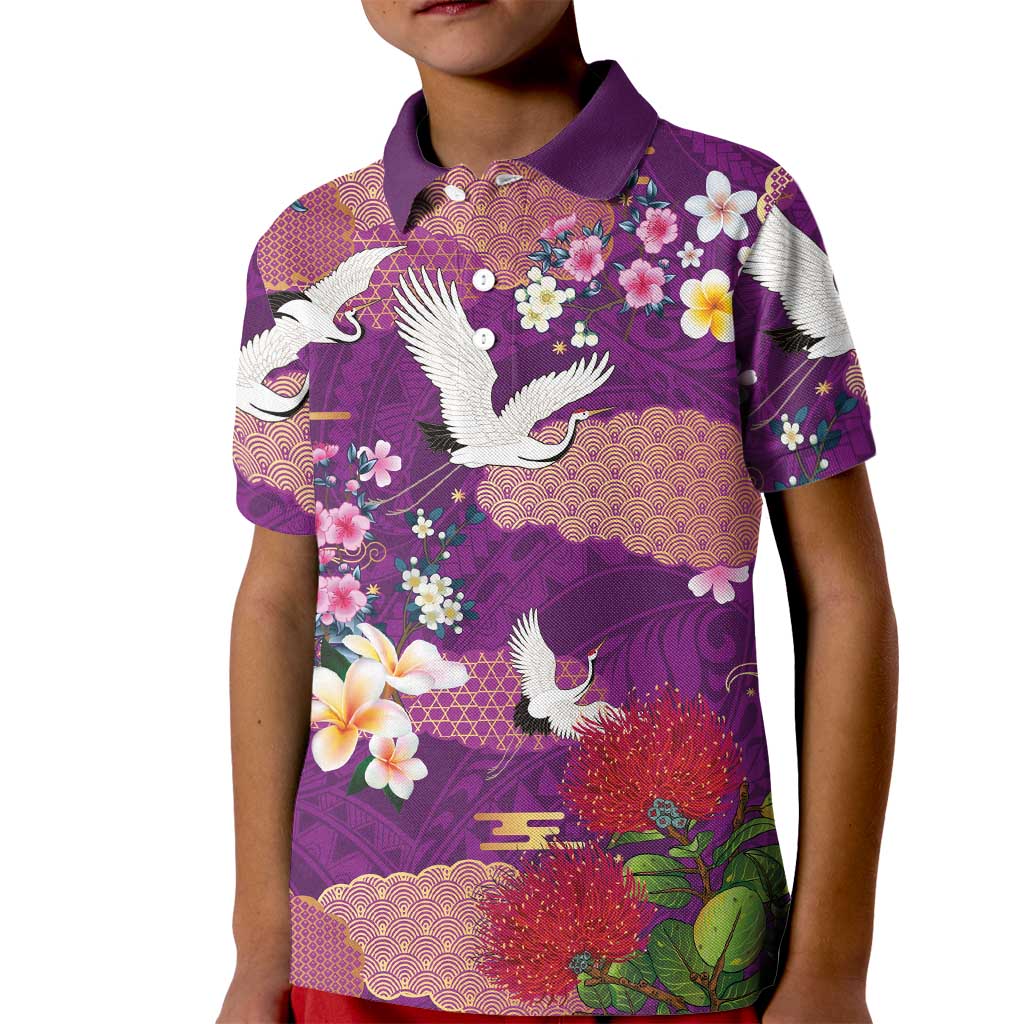 Hawaiian and Japanese Culture Together Kid Polo Shirt Purple Ohia Lehua Plumeria and Sakura Blooming LT03 Kid Purple - Polynesian Pride