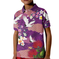 Hawaiian and Japanese Culture Together Kid Polo Shirt Purple Ohia Lehua Plumeria and Sakura Blooming LT03 Kid Purple - Polynesian Pride