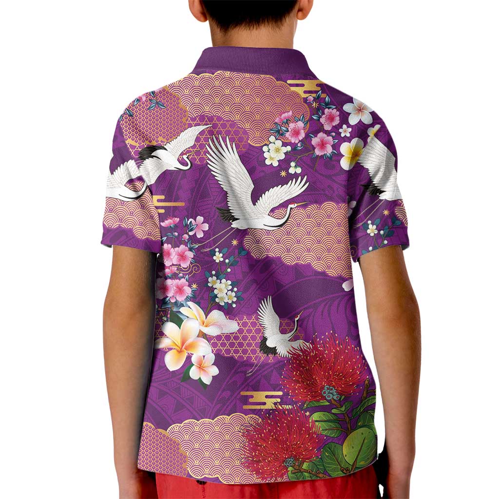 Hawaiian and Japanese Culture Together Kid Polo Shirt Purple Ohia Lehua Plumeria and Sakura Blooming LT03 - Polynesian Pride