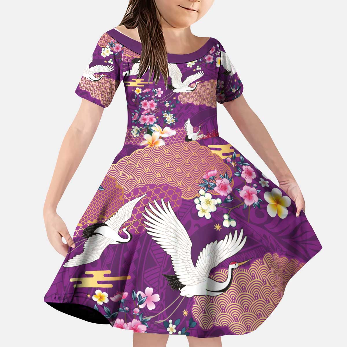 Hawaiian and Japanese Culture Together Kid Short Sleeve Dress Purple Ohia Lehua Plumeria and Sakura Blooming LT03 KID Purple - Polynesian Pride