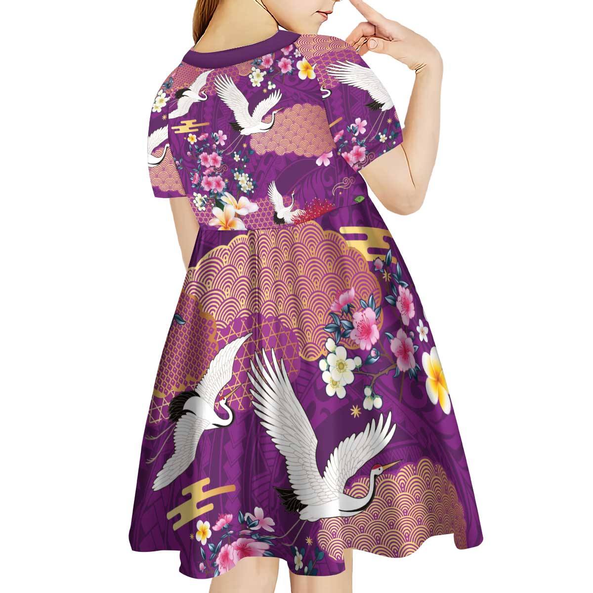 Hawaiian and Japanese Culture Together Kid Short Sleeve Dress Purple Ohia Lehua Plumeria and Sakura Blooming LT03 - Polynesian Pride
