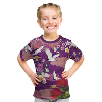 Hawaiian and Japanese Culture Together Kid T Shirt Purple Ohia Lehua Plumeria and Sakura Blooming LT03 Purple - Polynesian Pride