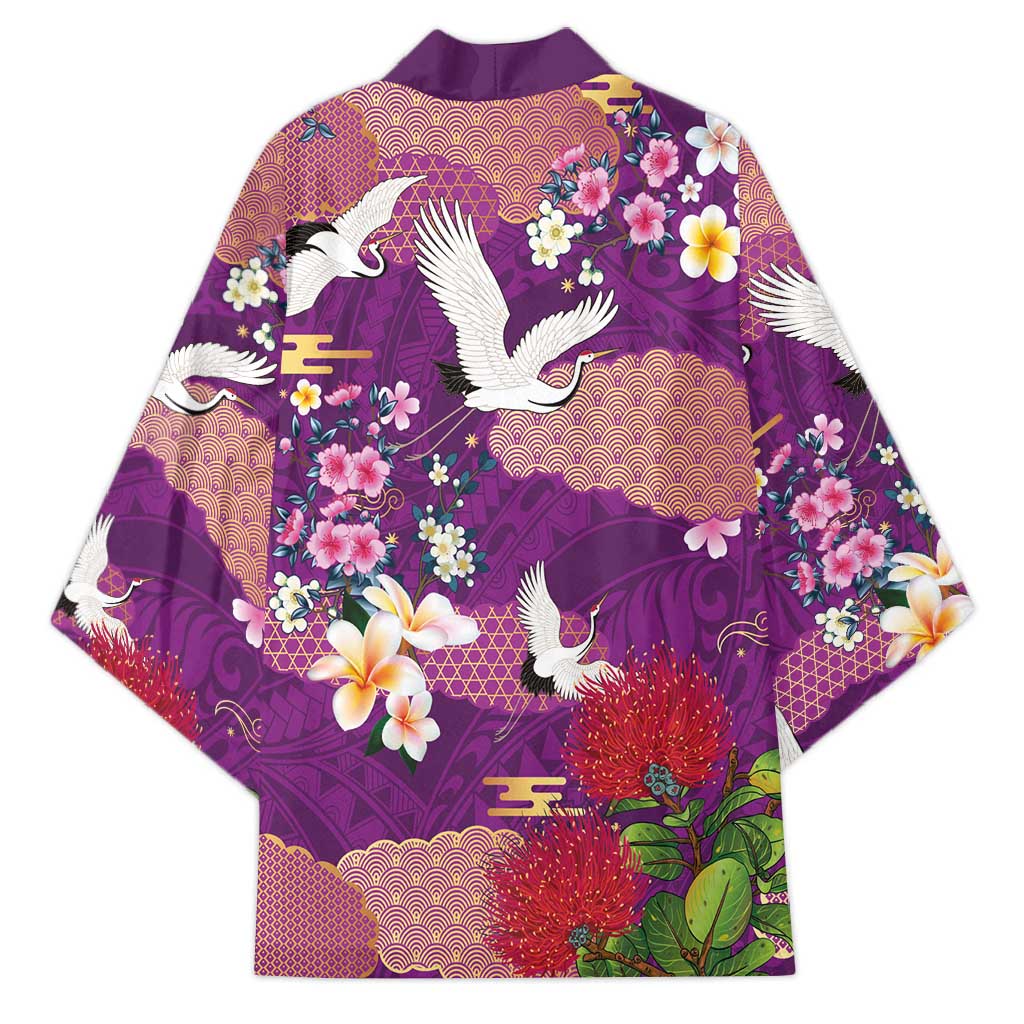 Hawaiian and Japanese Culture Together Kimono Purple Ohia Lehua Plumeria and Sakura Blooming LT03 - Polynesian Pride