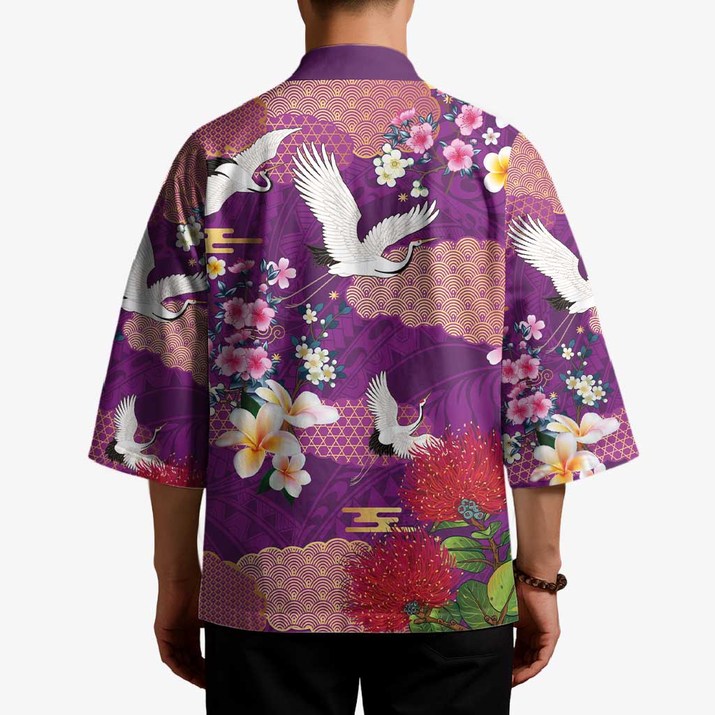 Hawaiian and Japanese Culture Together Kimono Purple Ohia Lehua Plumeria and Sakura Blooming LT03 - Polynesian Pride