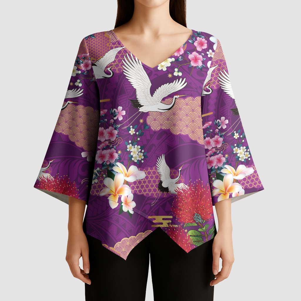 Hawaiian and Japanese Culture Together Kimono Sleeve Blouse Purple Ohia Lehua Plumeria and Sakura Blooming LT03 - Polynesian Pride