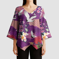 Hawaiian and Japanese Culture Together Kimono Sleeve Blouse Purple Ohia Lehua Plumeria and Sakura Blooming LT03 - Polynesian Pride